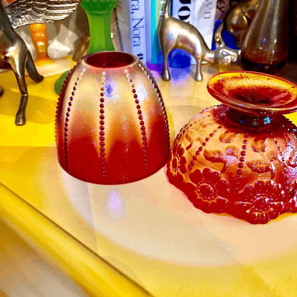 Vintage Fenton Daisy Beaded Amberina Glass Fairy Lamp - Picture 6 of 6